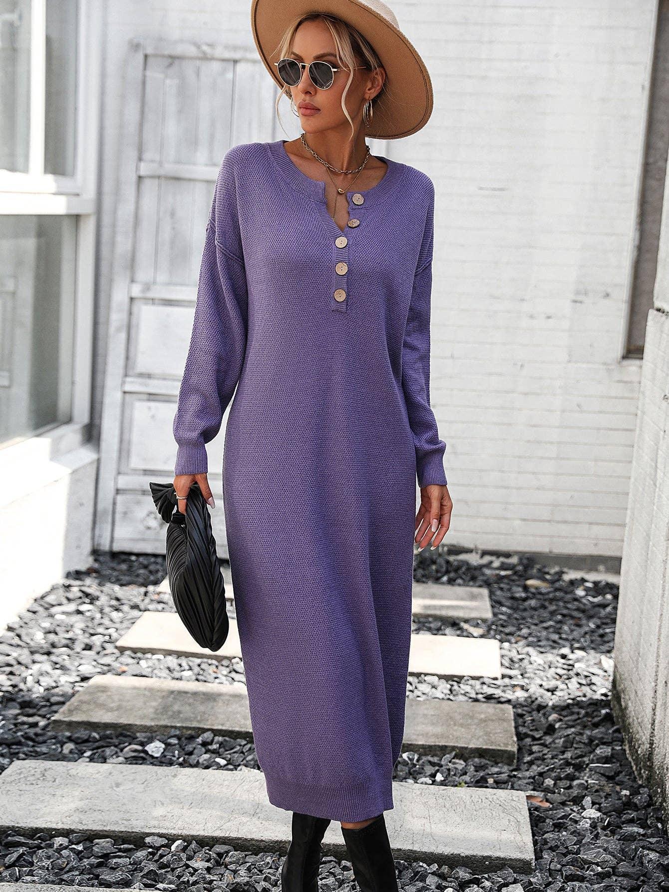 Ladies Button Long Sleeves Daily Knit Dress E2319 - SWEETKAMA