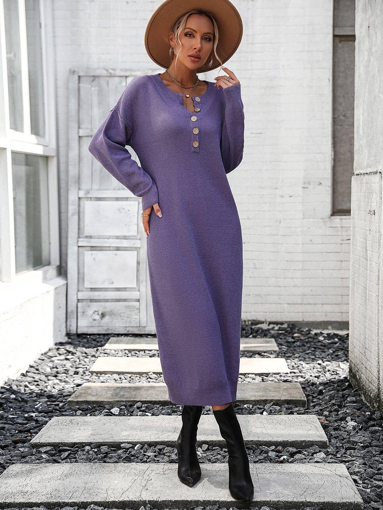 Ladies Button Long Sleeves Daily Knit Dress E2319 - SWEETKAMA