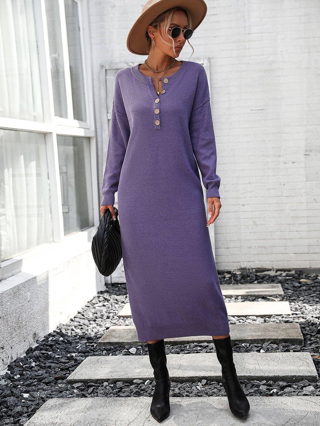 Ladies Button Long Sleeves Daily Knit Dress E2319 - SWEETKAMA