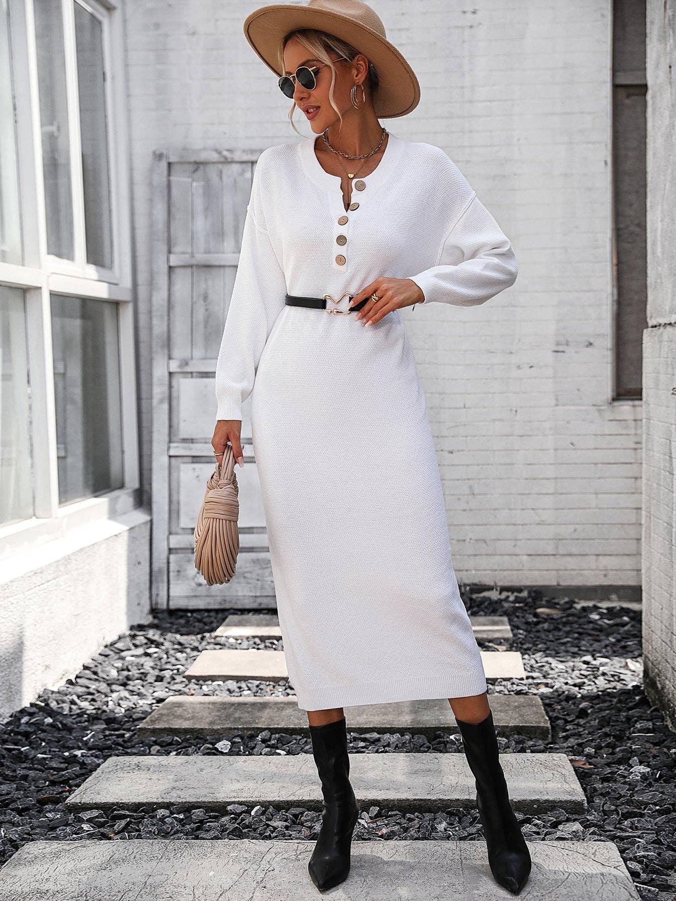 Ladies Button Long Sleeves Daily Knit Dress E2319 - SWEETKAMA