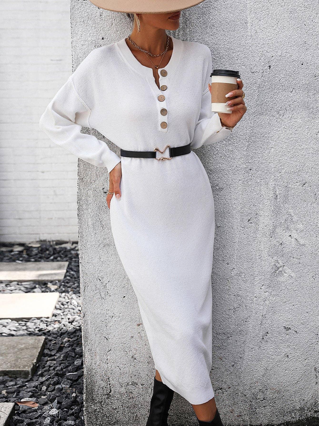 Ladies Button Long Sleeves Daily Knit Dress E2319 - SWEETKAMA