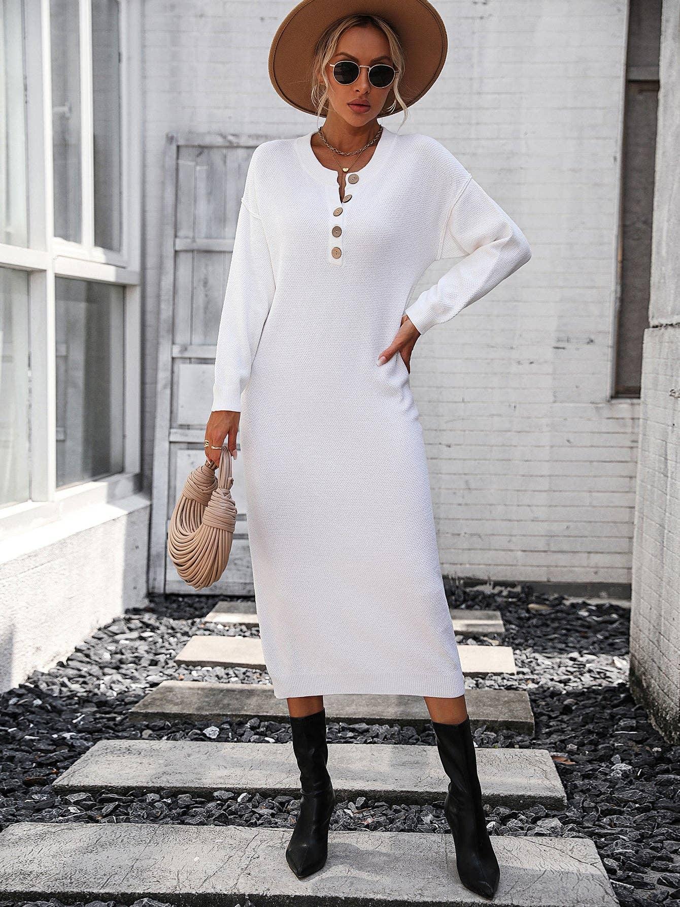 Ladies Button Long Sleeves Daily Knit Dress E2319 - SWEETKAMA