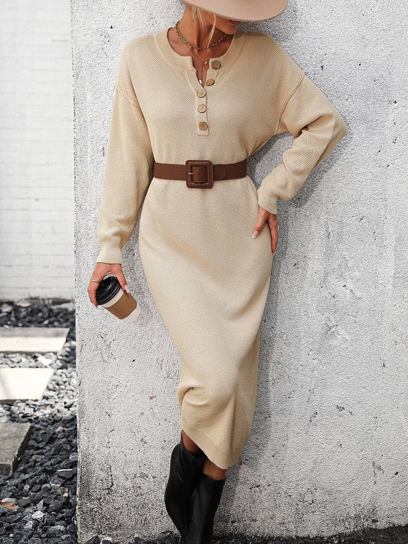 Ladies Button Long Sleeves Daily Knit Dress E2319 - SWEETKAMA