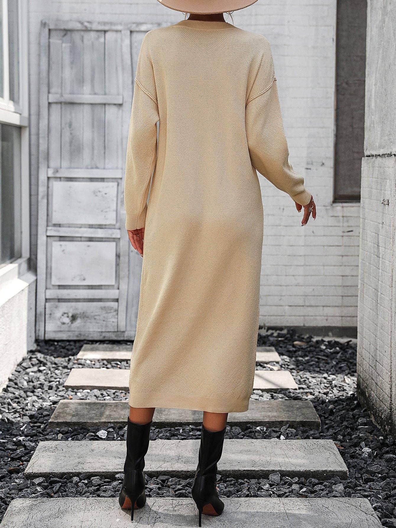 Ladies Button Long Sleeves Daily Knit Dress E2319 - SWEETKAMA