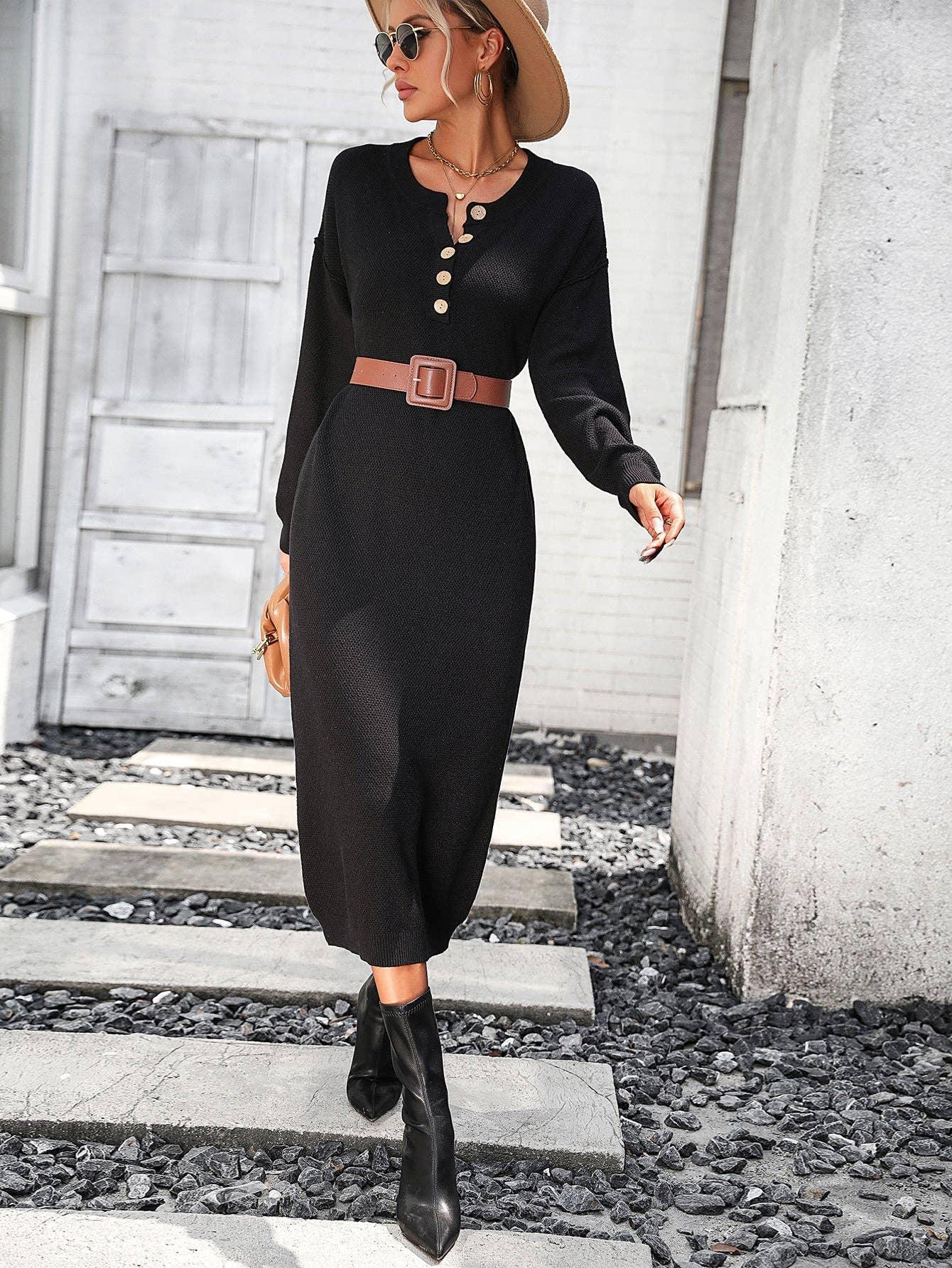 Ladies Button Long Sleeves Daily Knit Dress E2319 - SWEETKAMA