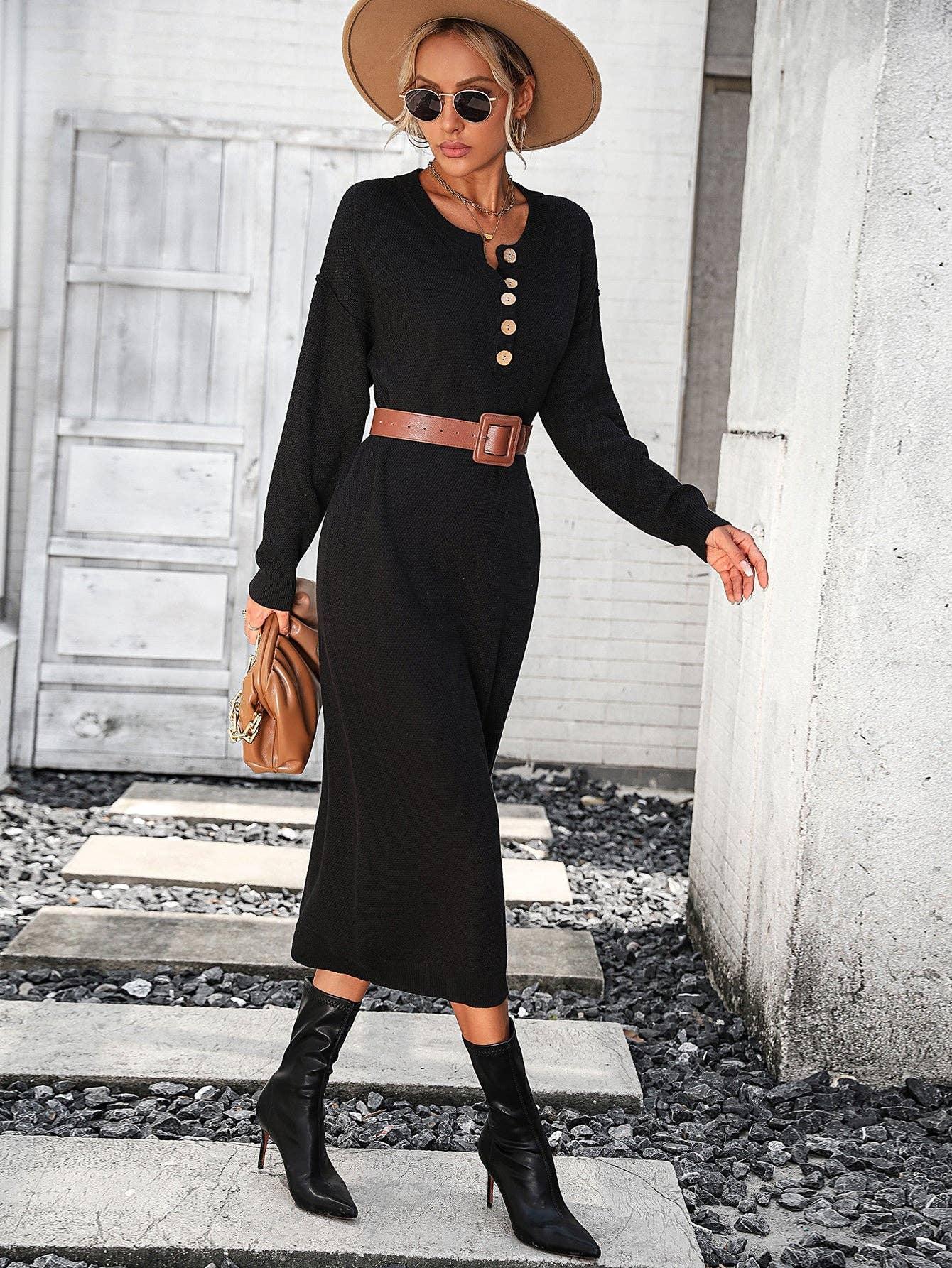 Ladies Button Long Sleeves Daily Knit Dress E2319 - SWEETKAMA