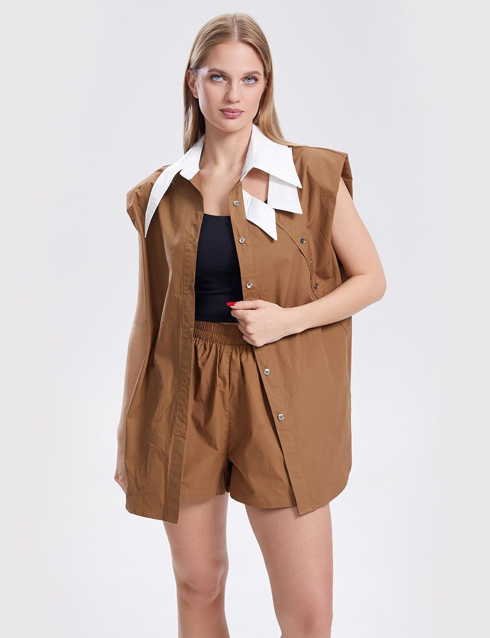 Ladies Color Block Botton Down Casual Top Shorts Set SKST282 - SWEETKAMA