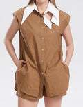 Ladies Color Block Botton Down Casual Top Shorts Set SKST282 - SWEETKAMA