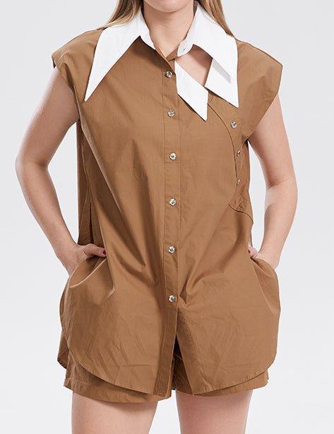 Ladies Color Block Botton Down Casual Top Shorts Set SKST282 - SWEETKAMA