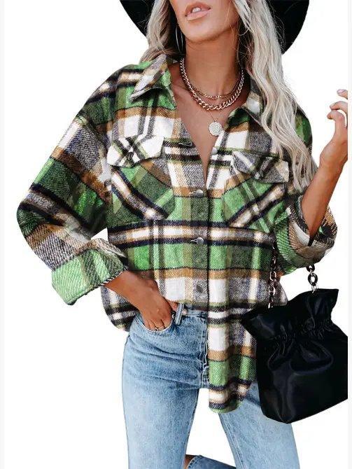 Ladies Color Block Long Sleeves Plaid Shirt FF-80193 - SWEETKAMA