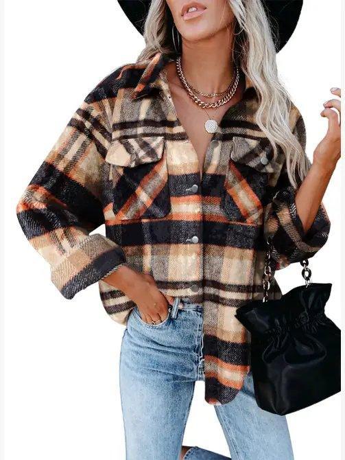Ladies Color Block Long Sleeves Plaid Shirt FF-80193 - SWEETKAMA