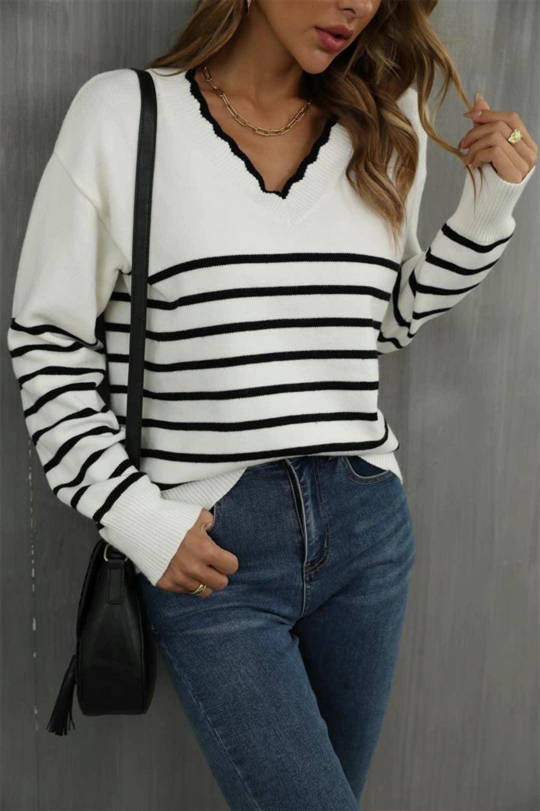Ladies Color Block Long Sleeves V-Neck Knit Top T9108 - SWEETKAMA