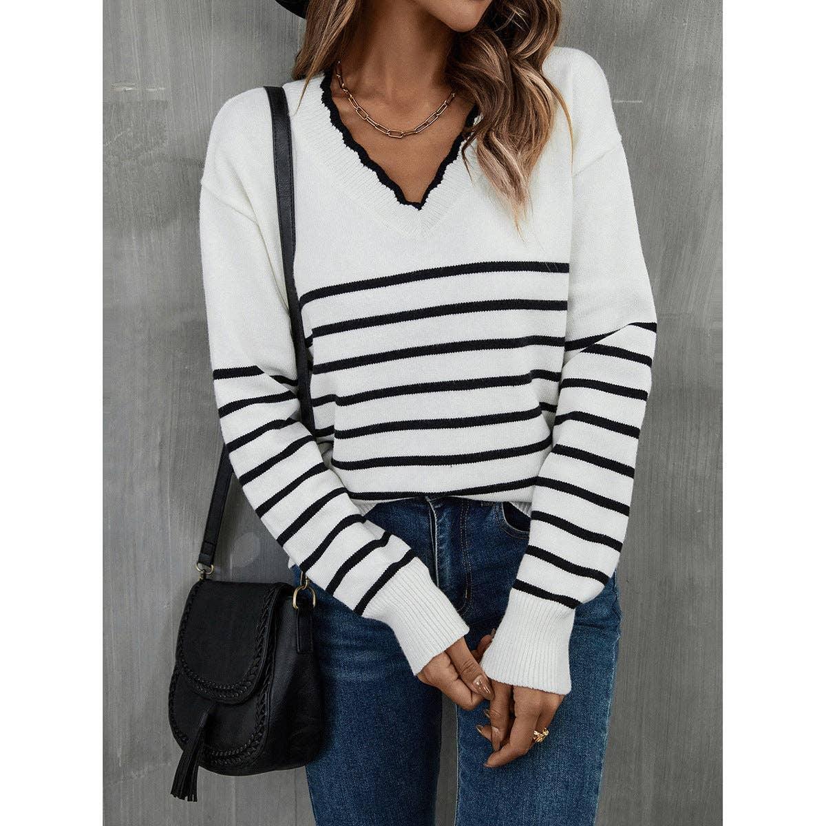 Ladies Color Block Long Sleeves V-Neck Knit Top T9108 - SWEETKAMA