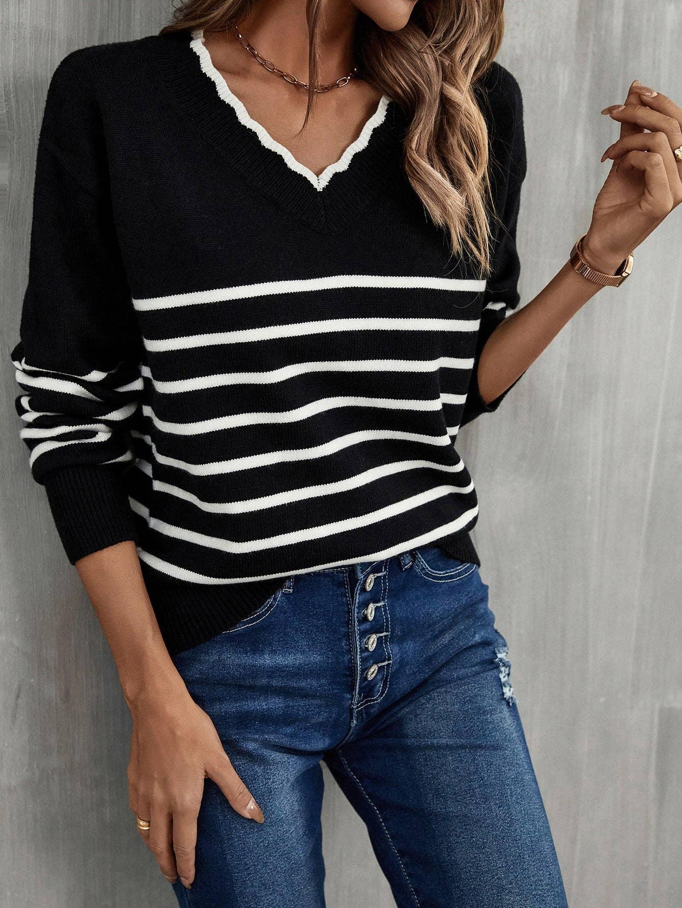 Ladies Color Block Long Sleeves V-Neck Knit Top T9108 - SWEETKAMA