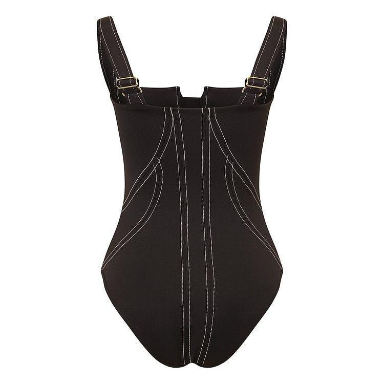 Ladies Color Block One Piece Swimwear with Pants Y361 - SWEETKAMA