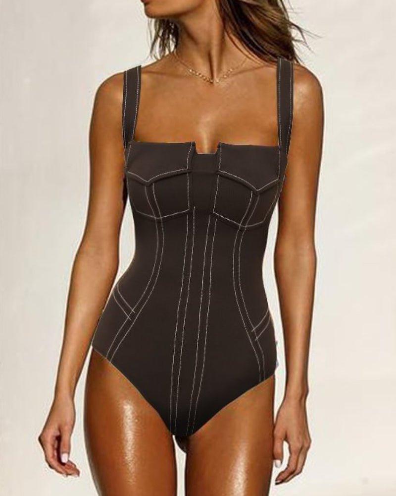 Ladies Color Block One Piece Swimwear with Pants Y361 - SWEETKAMA