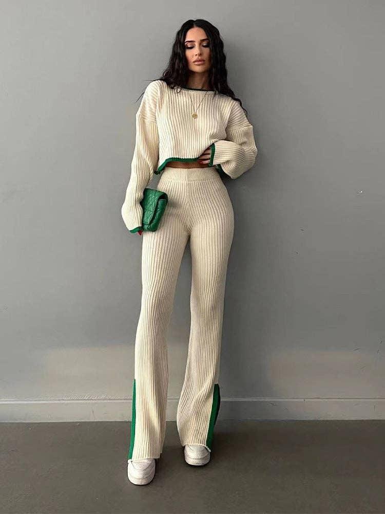 Ladies Color Block Short Top Split Pants Knit Set FQS1415 - SWEETKAMA