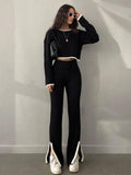 Ladies Color Block Short Top Split Pants Knit Set FQS1415 - SWEETKAMA