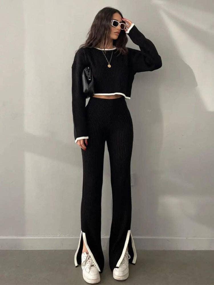 Ladies Color Block Short Top Split Pants Knit Set FQS1415 - SWEETKAMA
