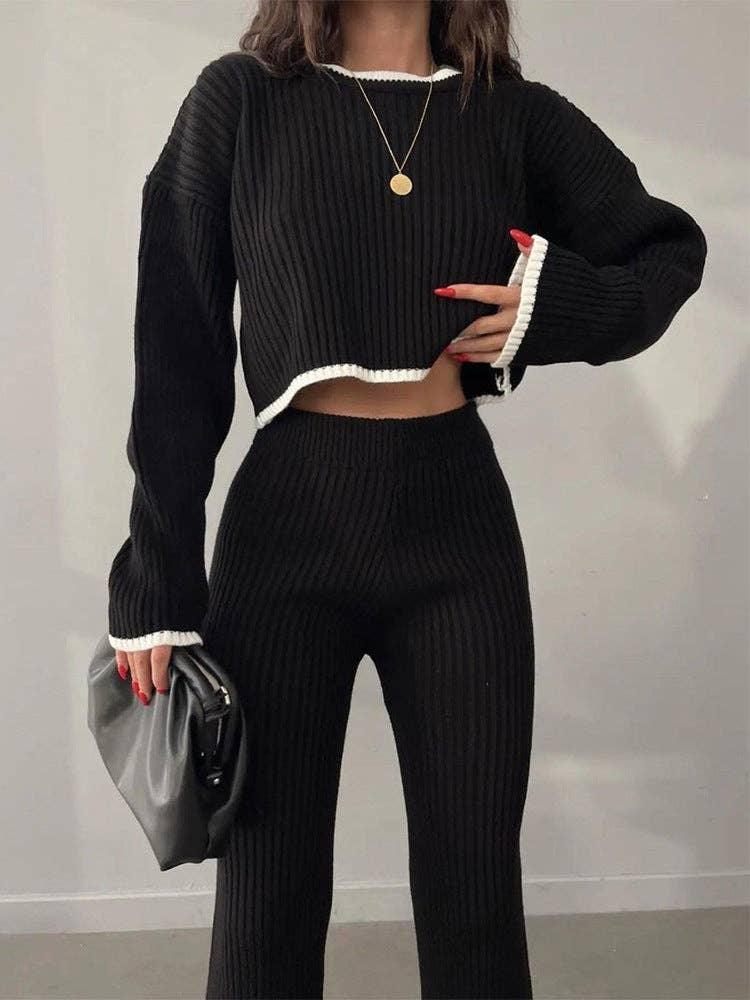 Ladies Color Block Short Top Split Pants Knit Set FQS1415 - SWEETKAMA