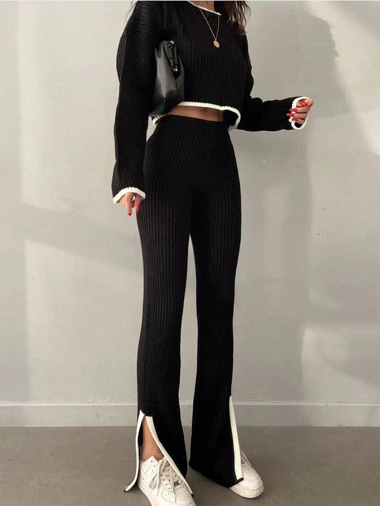 Ladies Color Block Short Top Split Pants Knit Set FQS1415 - SWEETKAMA