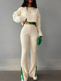 Ladies Color Block Short Top Split Pants Knit Set FQS1415 - SWEETKAMA