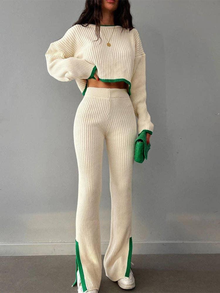 Ladies Color Block Short Top Split Pants Knit Set FQS1415 - SWEETKAMA