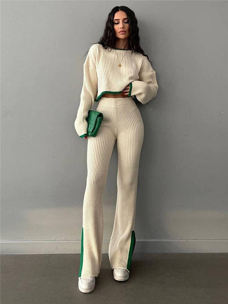 Ladies Color Block Short Top Split Pants Knit Set FQS1415 - SWEETKAMA