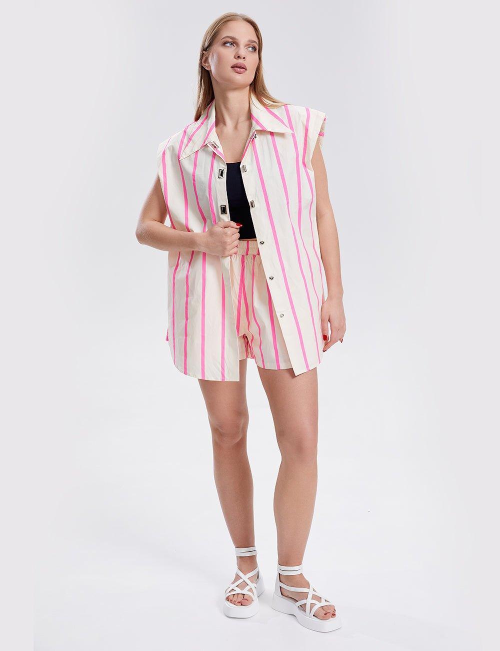 Ladies Color Block Stripe Casual Top Shorts Set SKST277 - SWEETKAMA