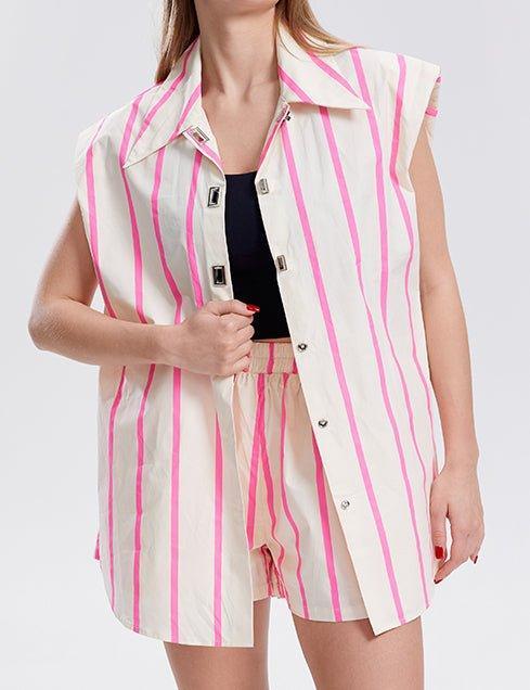 Ladies Color Block Stripe Casual Top Shorts Set SKST277 - SWEETKAMA