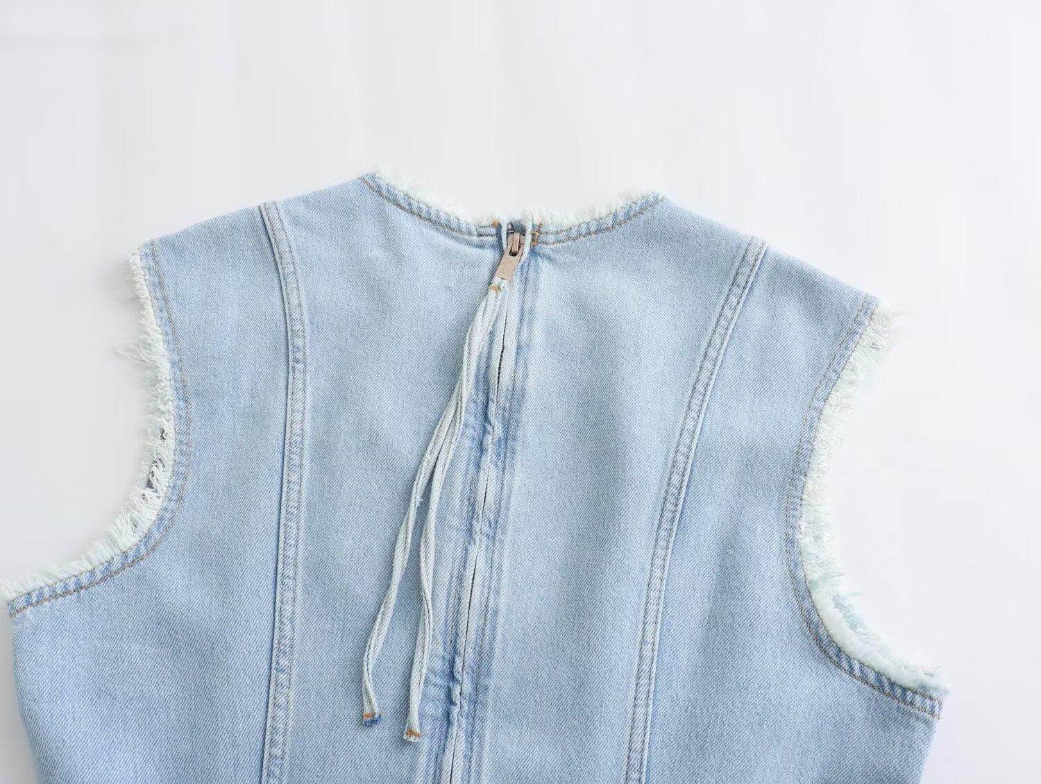 Ladies Crew Neck Sleeveless Denim Dress E48067 - SWEETKAMA