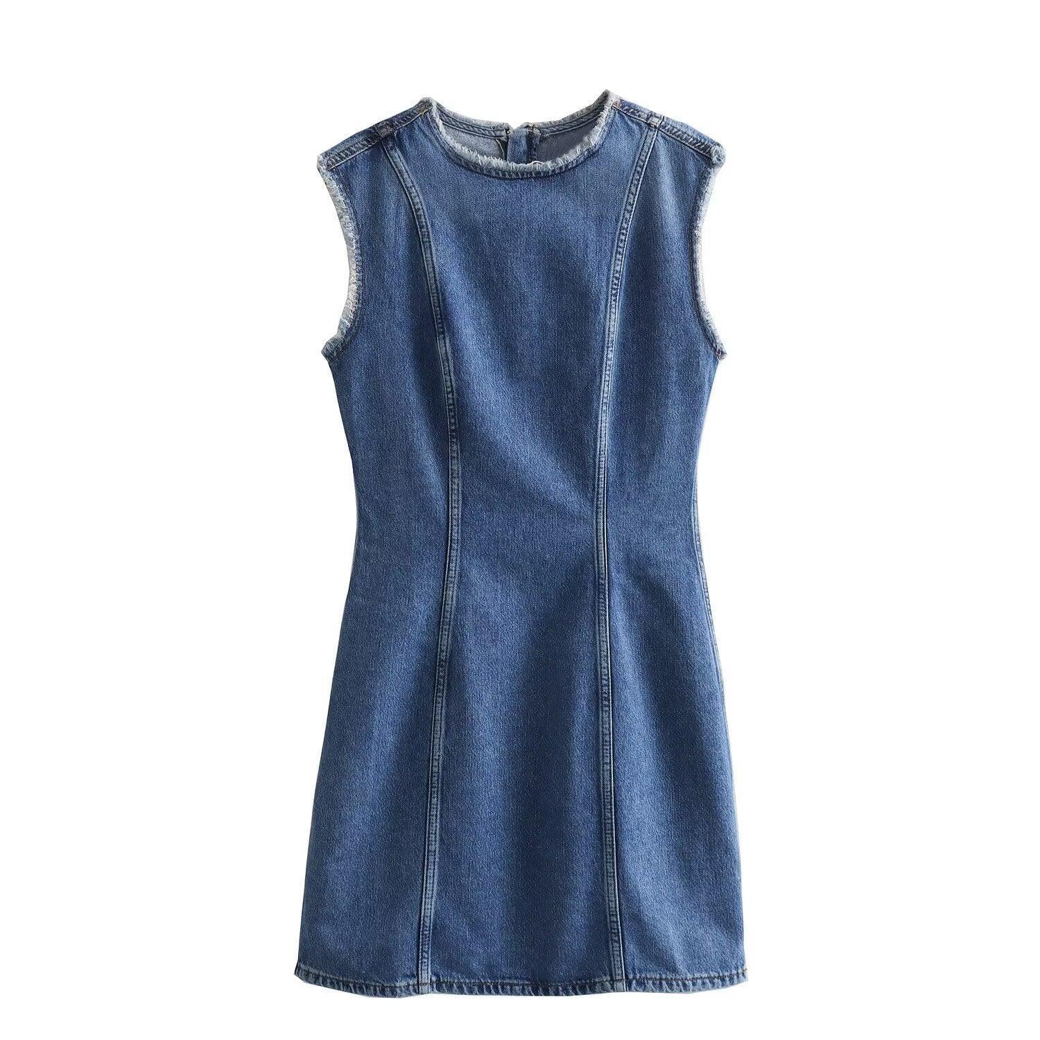 Ladies Crew Neck Sleeveless Denim Dress E48067 - SWEETKAMA