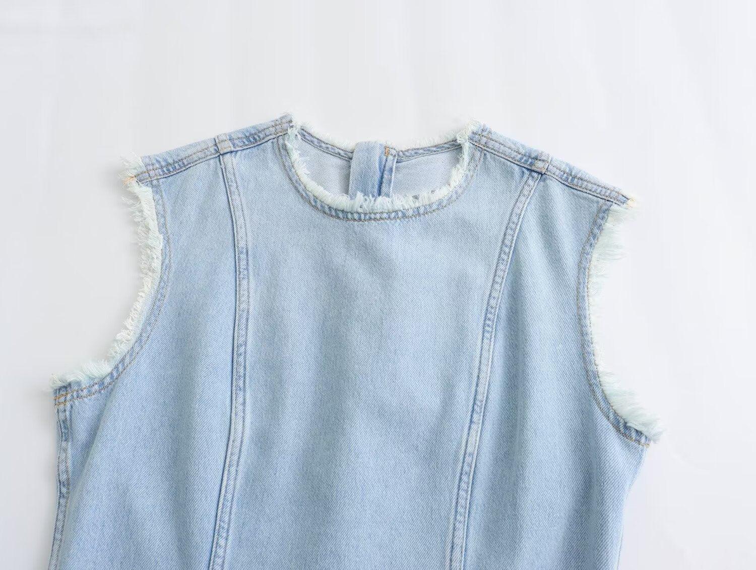 Ladies Crew Neck Sleeveless Denim Dress E48067 - SWEETKAMA