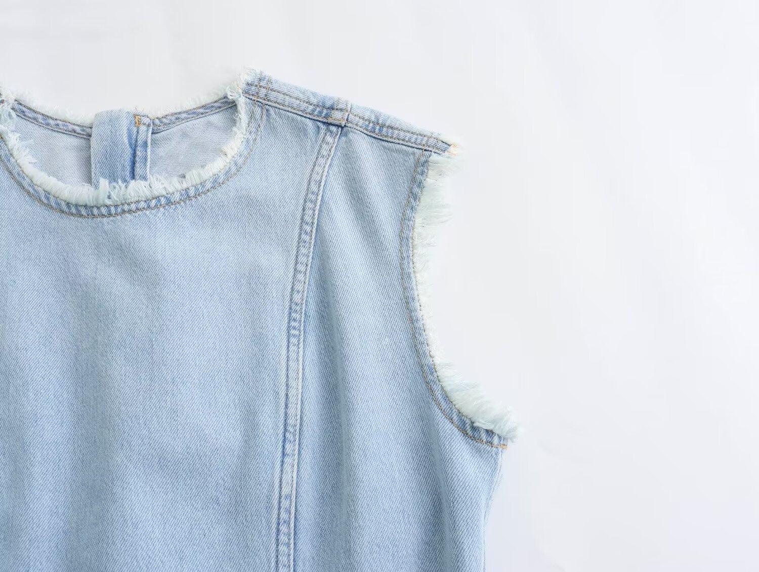 Ladies Crew Neck Sleeveless Denim Dress E48067 - SWEETKAMA