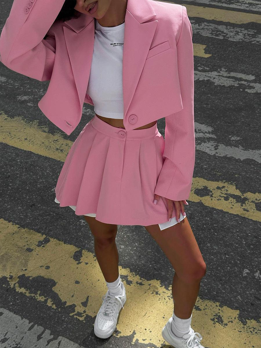 Ladies Crop Blazer and Pleated Skirt Sets TZ0119 - SWEETKAMA