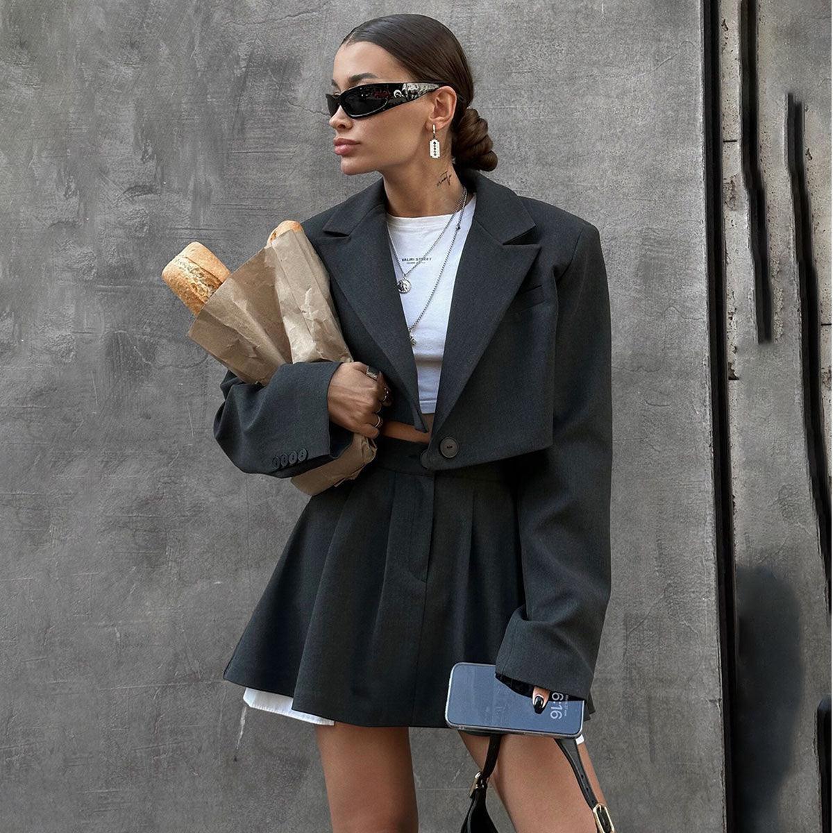 Ladies Crop Blazer and Pleated Skirt Sets TZ0119 - SWEETKAMA