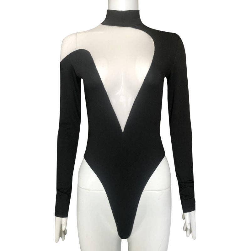 Ladies Deep V-Neck See Through Long Sleeves Teddy HT0913 - SWEETKAMA