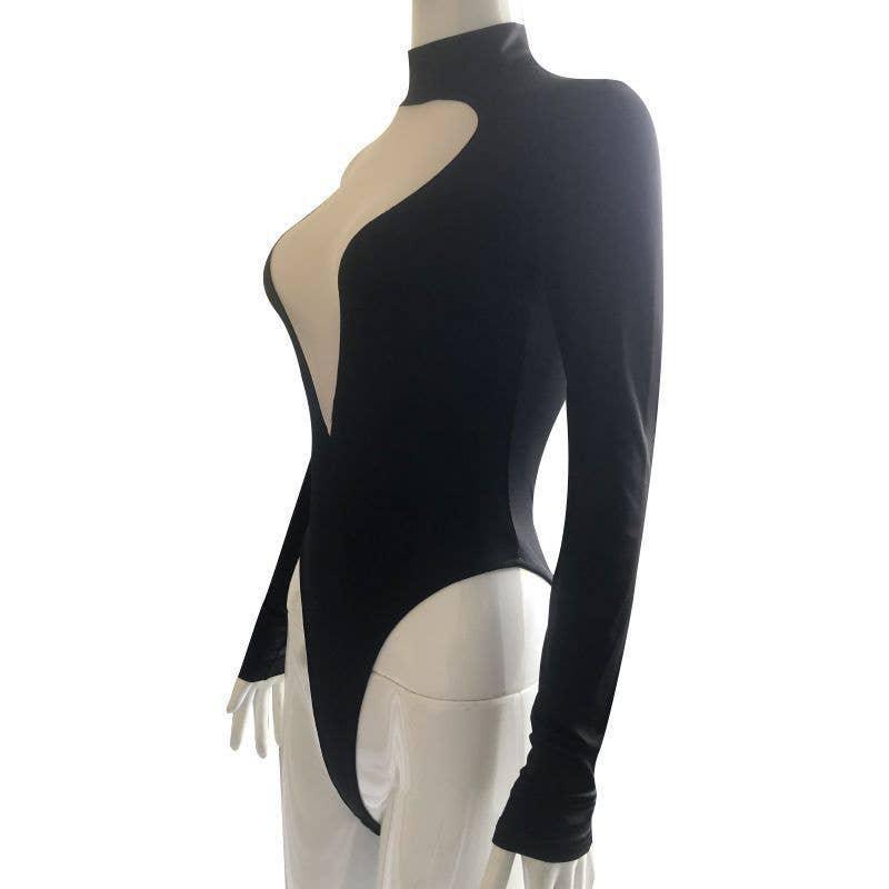 Ladies Deep V-Neck See Through Long Sleeves Teddy HT0913 - SWEETKAMA