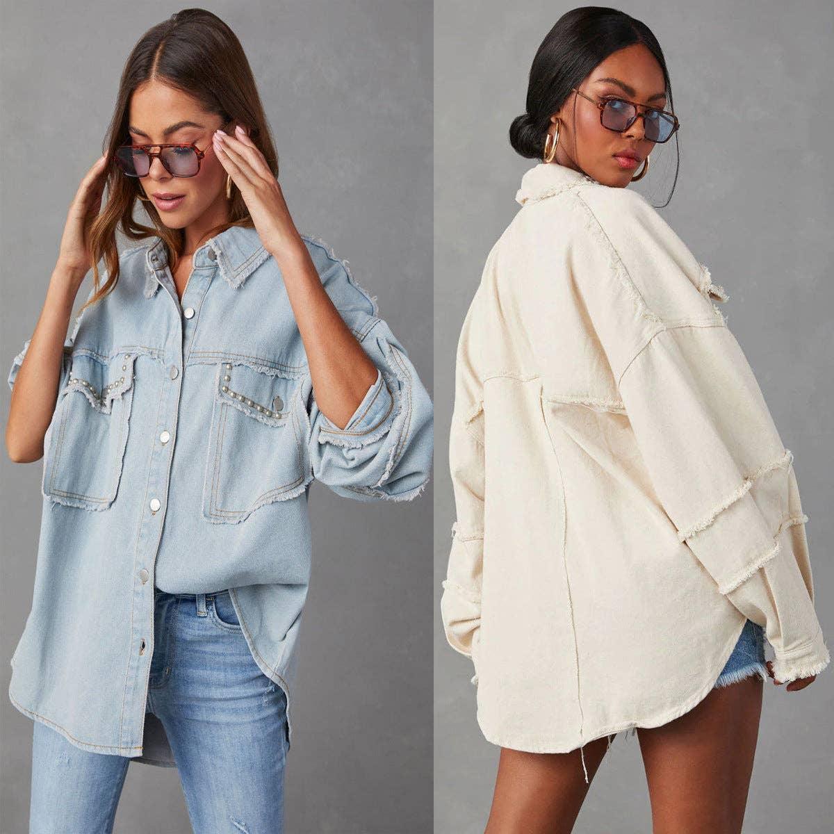 Ladies Denim Pockets Lapel Metal Loose Shirt 32131 - SWEETKAMA