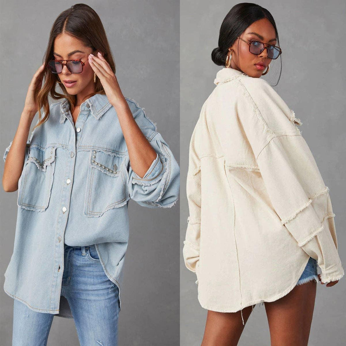 Ladies Denim Pockets Lapel Metal Loose Shirt 32131 - SWEETKAMA