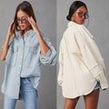 Ladies Denim Pockets Lapel Metal Loose Shirt 32131 - SWEETKAMA