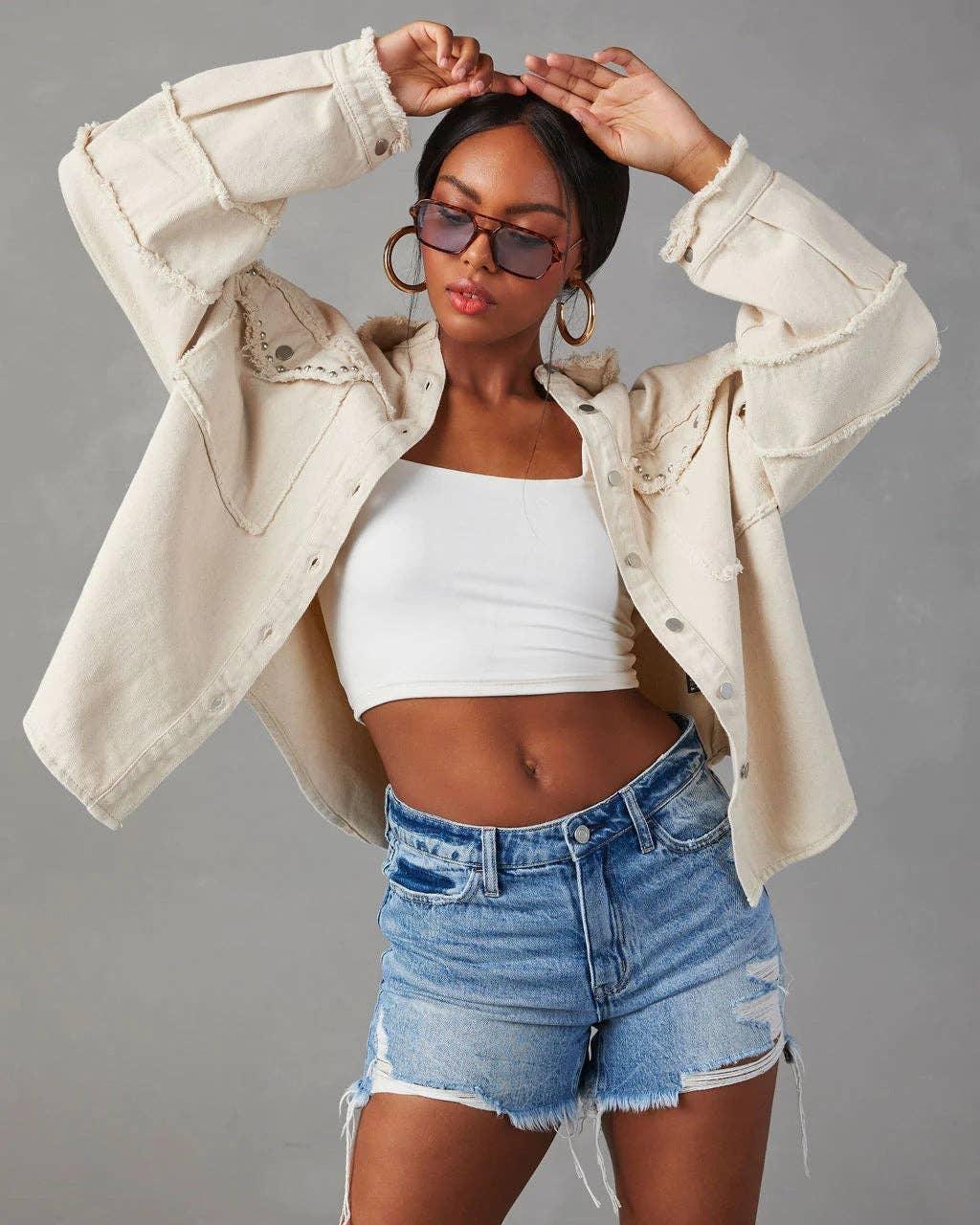 Ladies Denim Pockets Lapel Metal Loose Shirt 32131 - SWEETKAMA