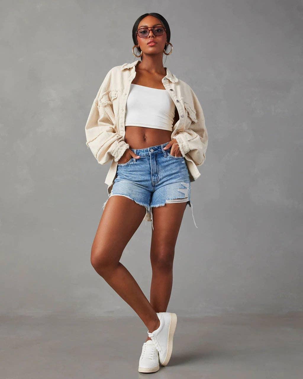 Ladies Denim Pockets Lapel Metal Loose Shirt 32131 - SWEETKAMA