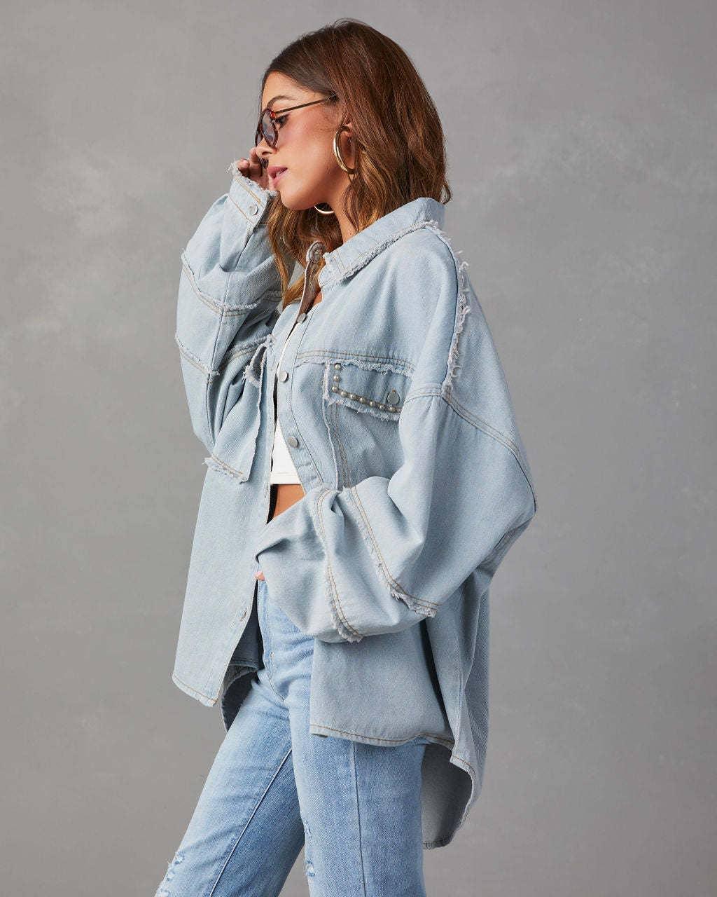 Ladies Denim Pockets Lapel Metal Loose Shirt 32131 - SWEETKAMA