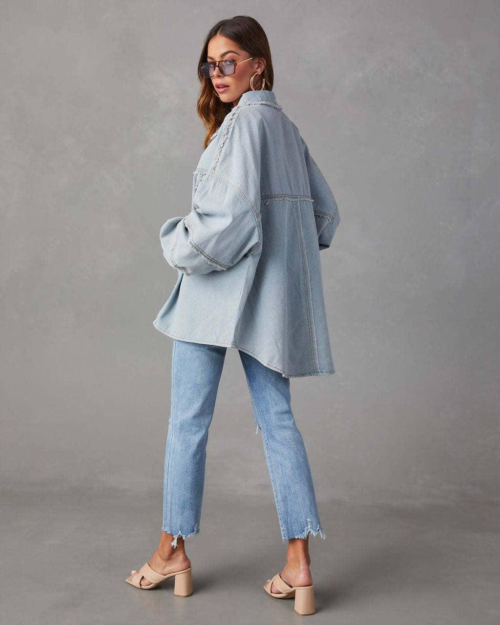 Ladies Denim Pockets Lapel Metal Loose Shirt 32131 - SWEETKAMA