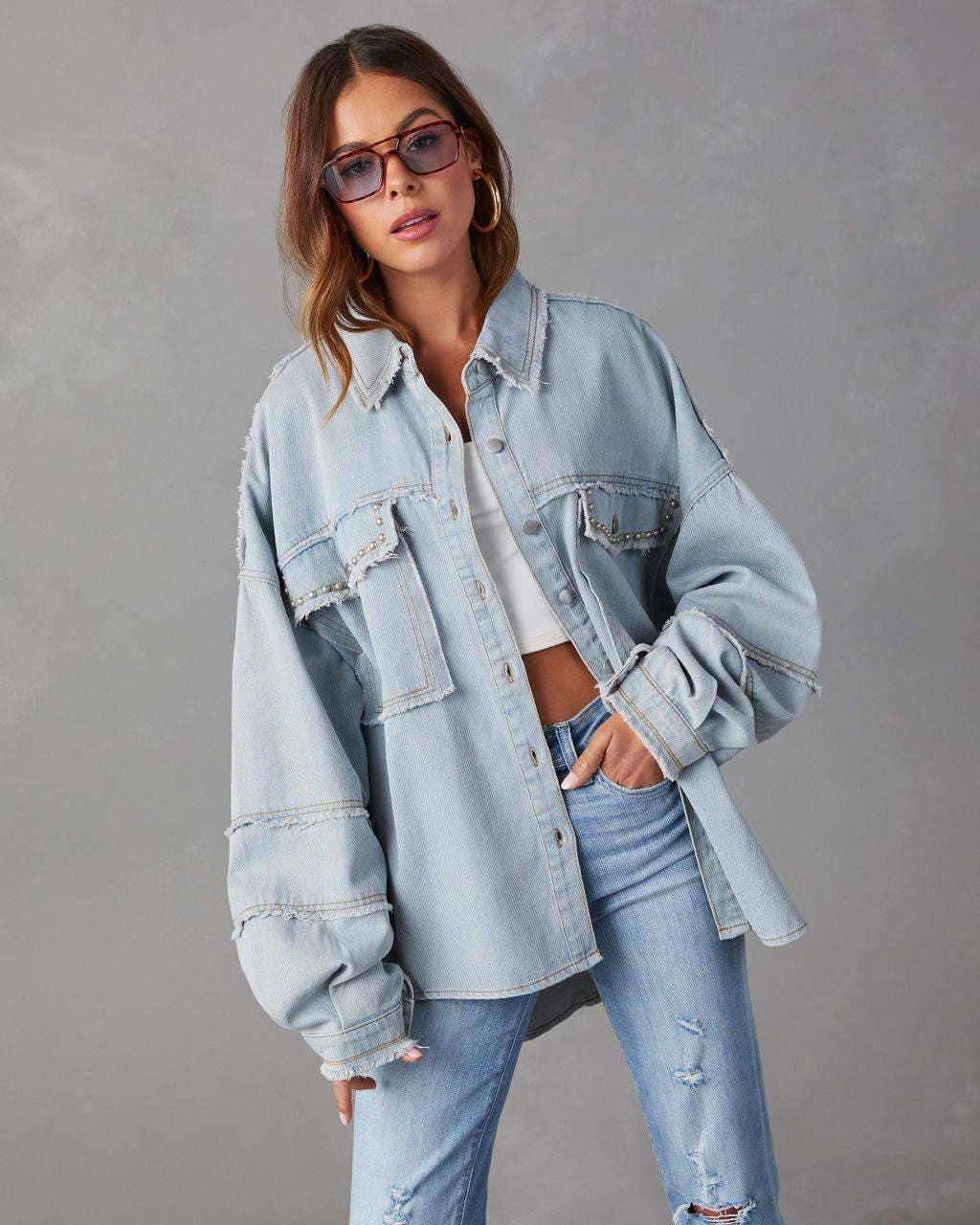Ladies Denim Pockets Lapel Metal Loose Shirt 32131 - SWEETKAMA
