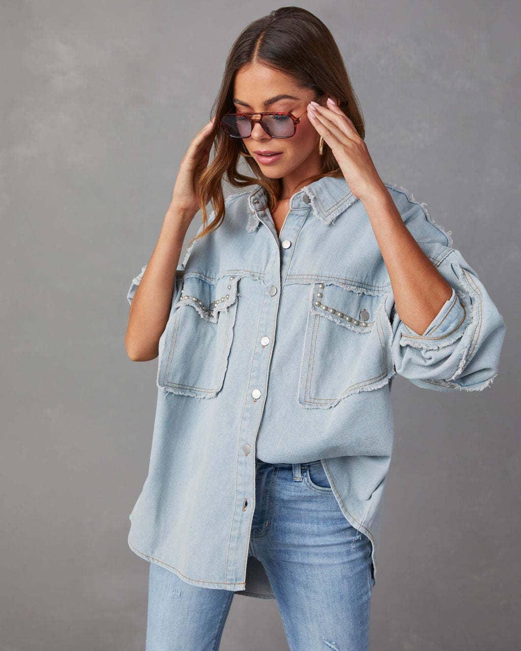 Ladies Denim Pockets Lapel Metal Loose Shirt 32131 - SWEETKAMA