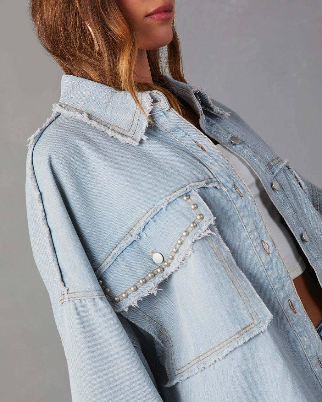 Ladies Denim Pockets Lapel Metal Loose Shirt 32131 - SWEETKAMA
