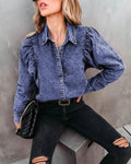 Ladies Denim Pockets Lapel Puff Sleeves Shirt 657 - SWEETKAMA