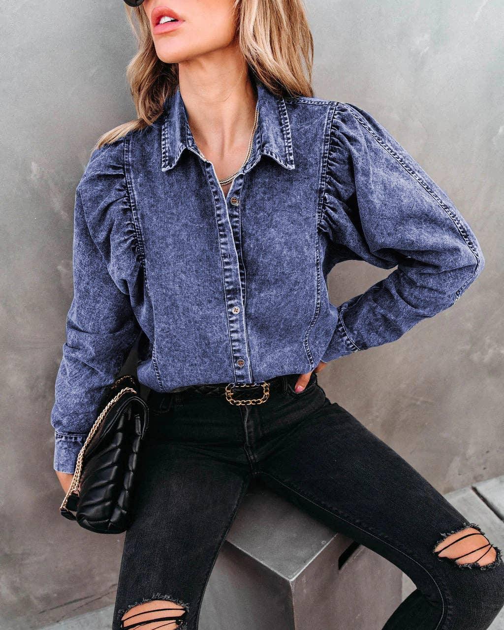 Ladies Denim Pockets Lapel Puff Sleeves Shirt 657 - SWEETKAMA